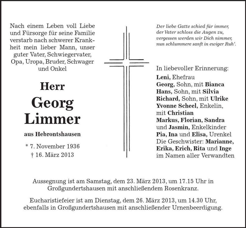 Traueranzeige Georg Limmer