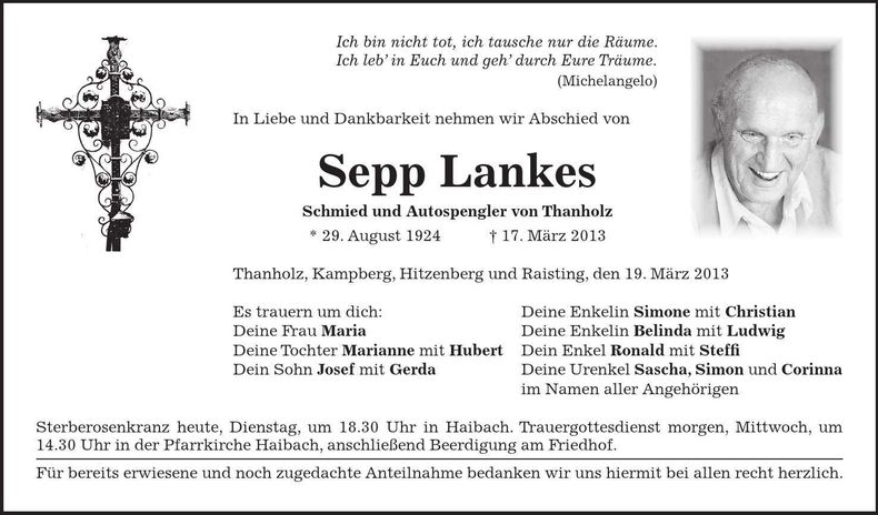 Traueranzeige Sepp Lankes