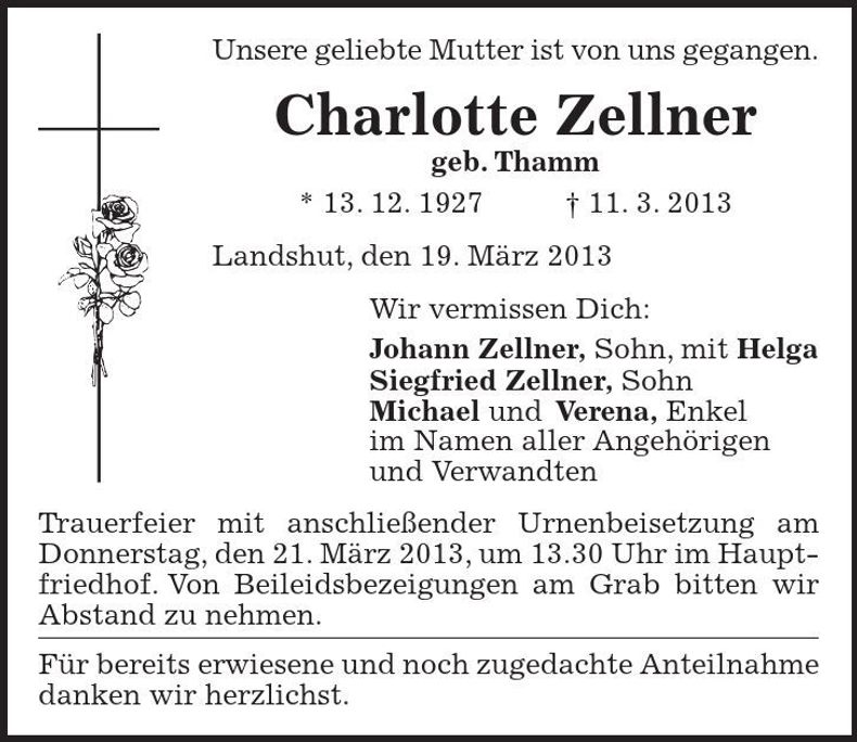 Traueranzeige Charlotte Zellner