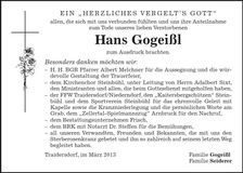 Traueranzeige Hans Gogeißl