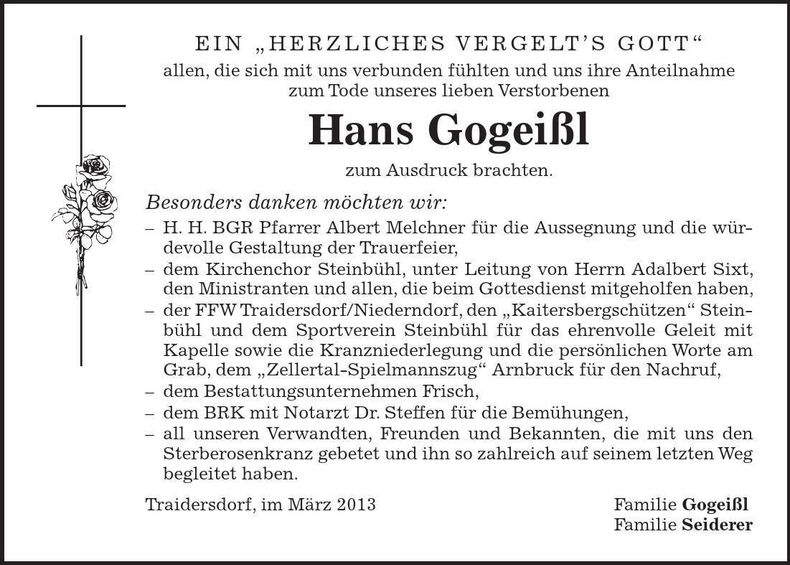 Traueranzeige Hans Gogeißl