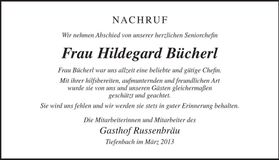 Traueranzeige Hildegard Bücherl