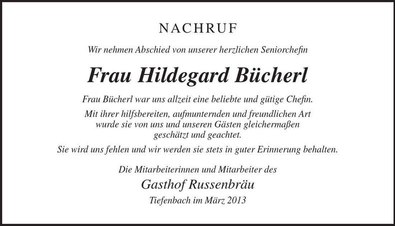 Traueranzeige Hildegard Bücherl