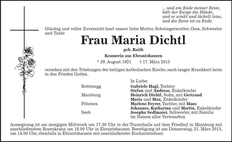 Traueranzeige Maria Dichtl