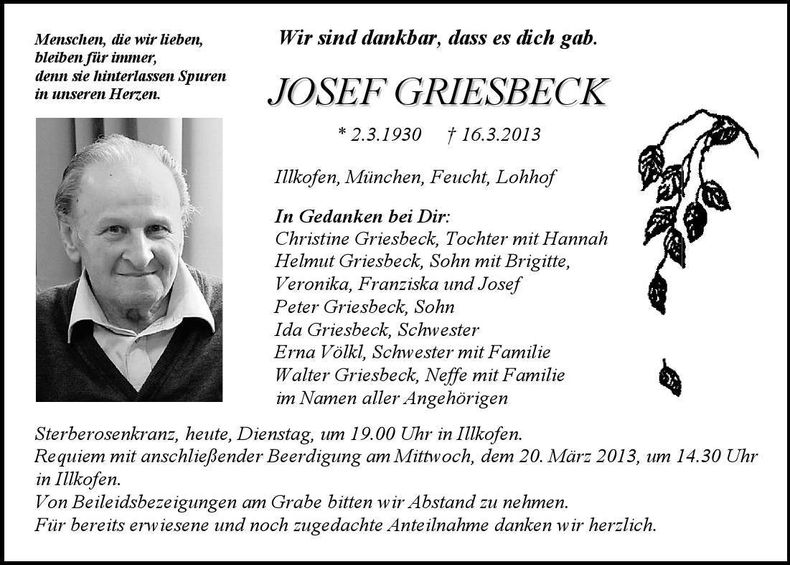 Traueranzeige Josef Griesbeck