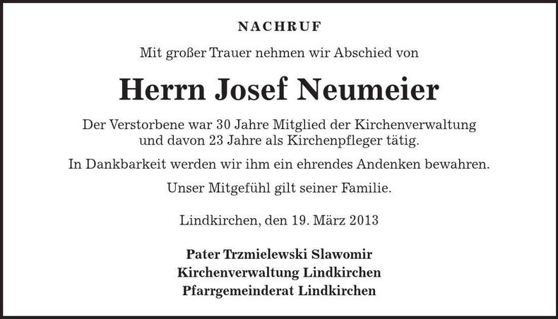 Traueranzeige Josef Neumeier