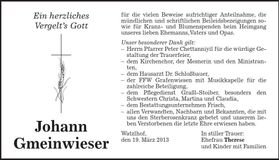 Traueranzeige Johann Gmeinwieser