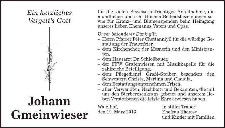 Traueranzeige Johann Gmeinwieser