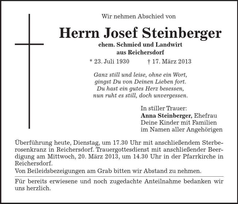 Traueranzeige Josef Steinberger
