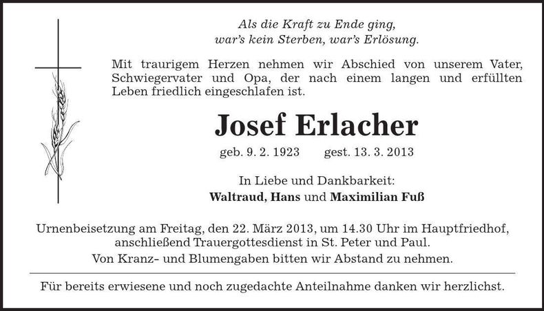 Traueranzeige Josef Erlacher
