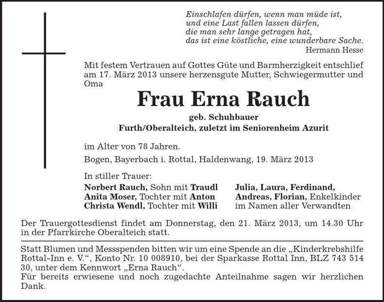 Traueranzeige Erna Rauch