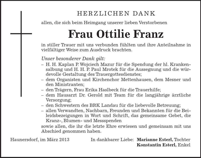 Traueranzeige Ottilie Franz