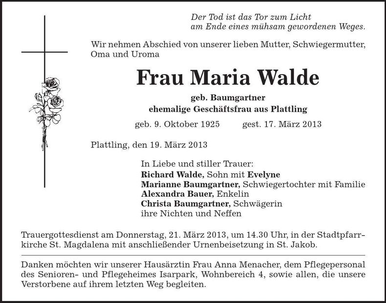 Traueranzeige Maria Walde