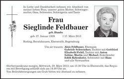 Traueranzeige Sieglinde Feldbauer