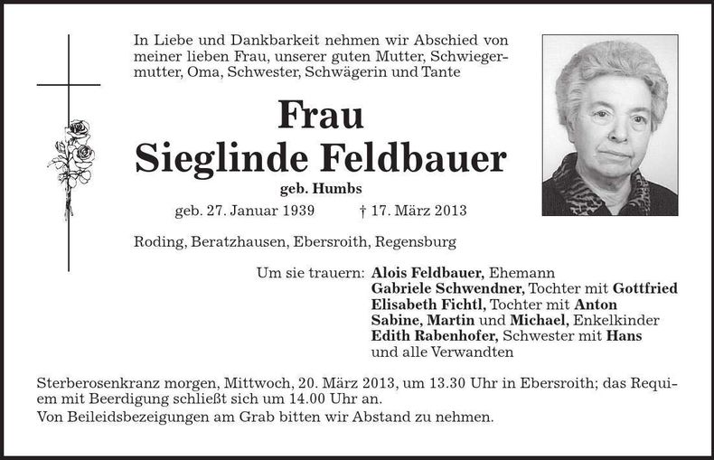 Traueranzeige Sieglinde Feldbauer