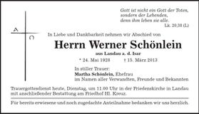 Traueranzeige Werner Schönlein