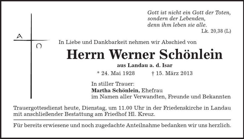 Traueranzeige Werner Schönlein