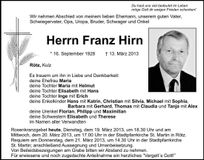 Traueranzeige Franz Hirn