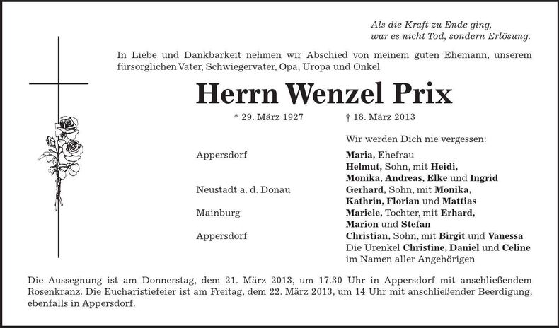 Traueranzeige Wenzel Prix