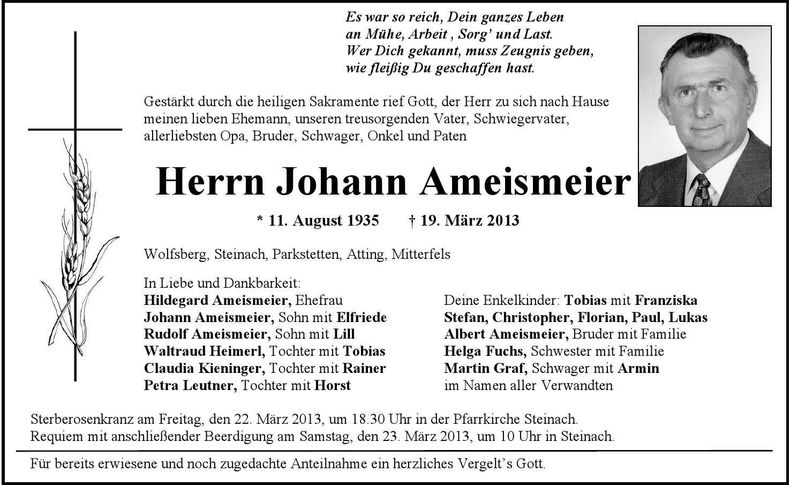 Traueranzeige Johann Ameismeier