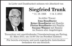 Traueranzeige Siegfried Trunk