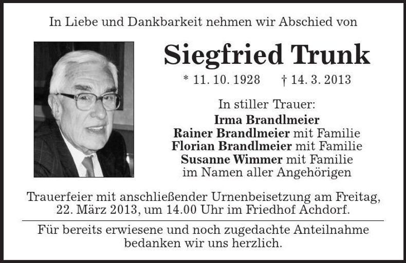 Traueranzeige Siegfried Trunk