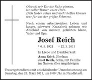 Traueranzeige Josef Reich