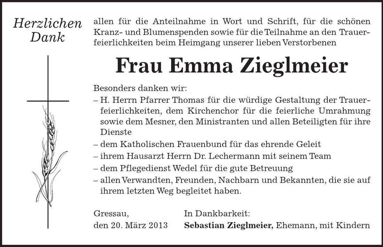 Traueranzeige Emma Zieglmeier