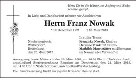 Traueranzeige Franz Nowak