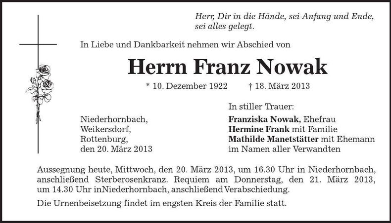 Traueranzeige Franz Nowak