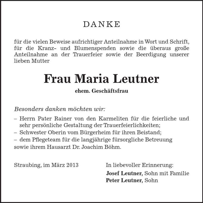 Traueranzeige Maria Leutner