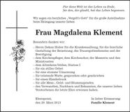 Traueranzeige Magdalena Klement