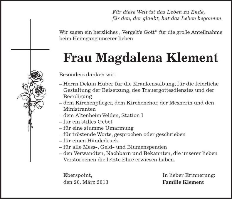 Traueranzeige Magdalena Klement