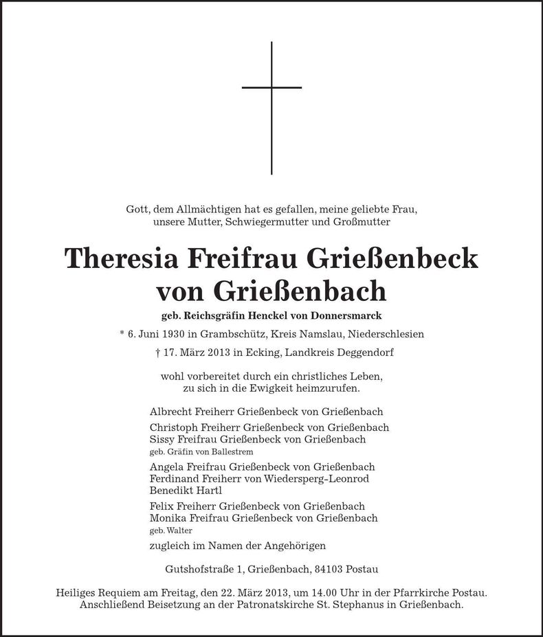 Traueranzeige Theresia Freifrau Grießenbeck von Grießenbach