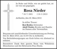 Traueranzeige Rosa Nieder