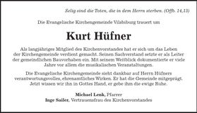 Traueranzeige Kurt Hüfner