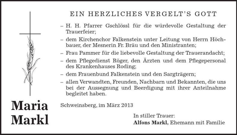 Traueranzeige Maria Markl
