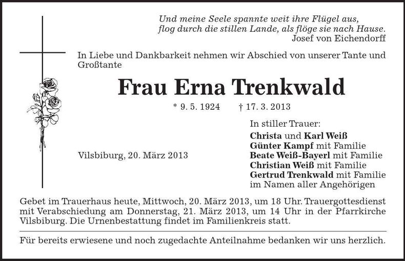 Traueranzeige Erna Trenkwald