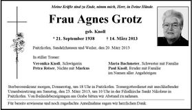 Traueranzeige Agnes Grotz
