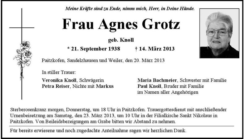 Traueranzeige Agnes Grotz