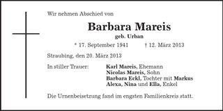 Traueranzeige Barbara Mareis