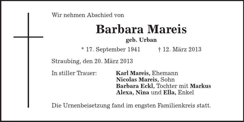 Traueranzeige Barbara Mareis