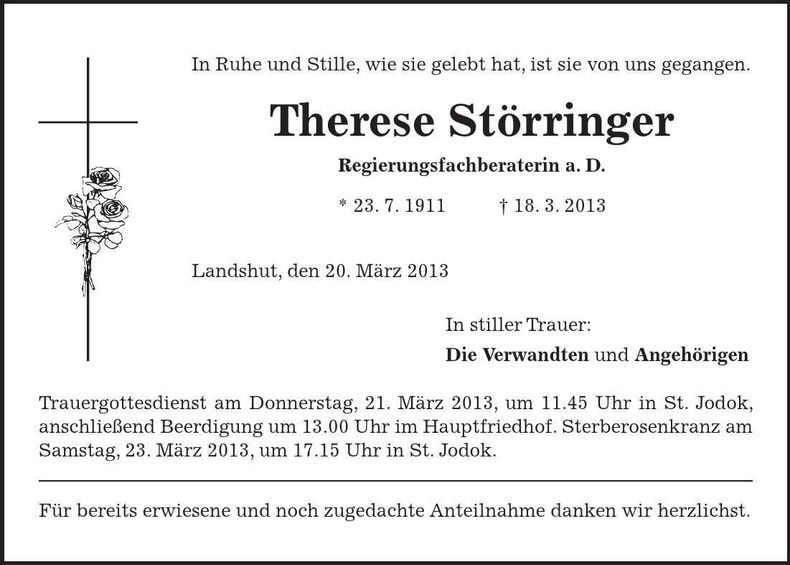 Traueranzeige Therese Störringer