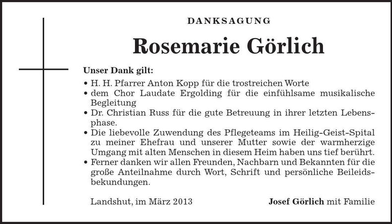 Traueranzeige Rosemarie Görlich