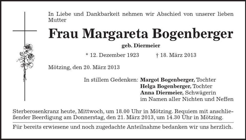Traueranzeige Margareta Bogenberger