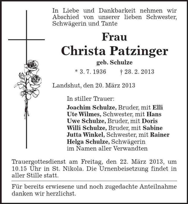 Traueranzeige Christa Patzinger