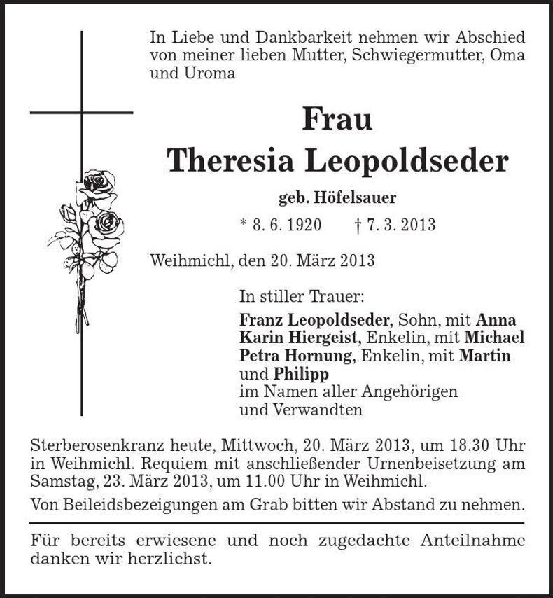 Traueranzeige Theresia Leopoldseder