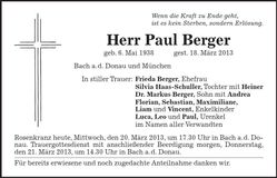 Traueranzeige Paul Berger