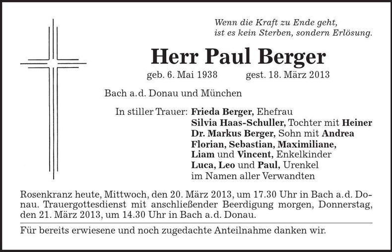 Traueranzeige Paul Berger