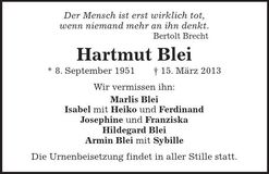 Traueranzeige Hartmut Blei